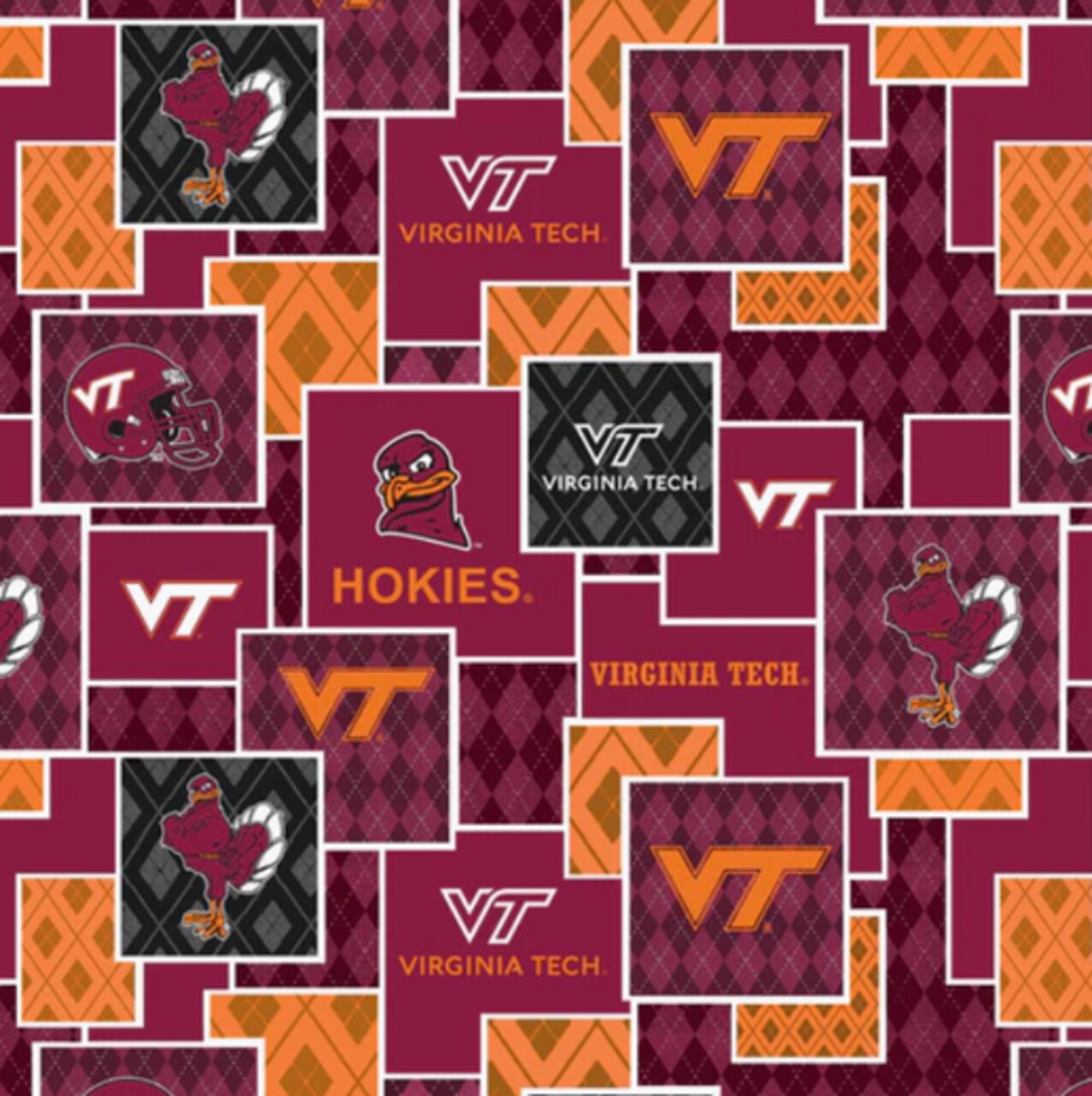 Licensed NCAA Virginia Tech University Argyle Boxes Cotton Fabric by the Yard